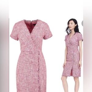 BANANA REPUBLIC Pink Tweed Fringe Trim Wrap Front V-Neck Short Sleeve Dress